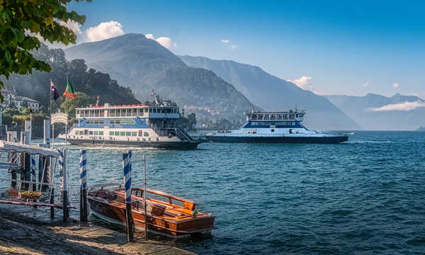 poster pemandangan alam gunung Italy Mountains Lake Marinas Riverboat Bellagio at 1Z