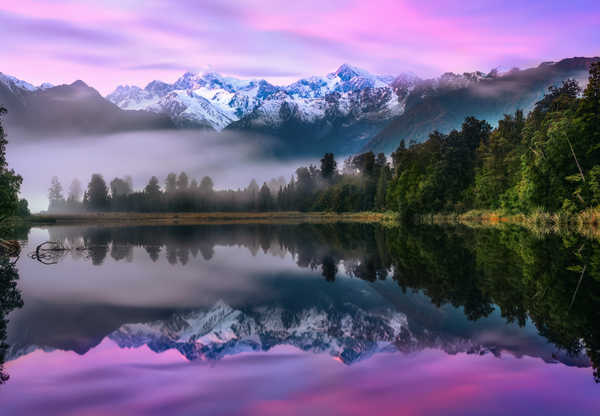 poster pegunungan snow mountains pink sky lake forest reflections landscape WPS