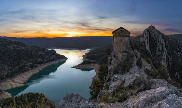 poster pemandangan alam gunung Spain Mountains Evening Church Rivers Mare de Deu 1Z