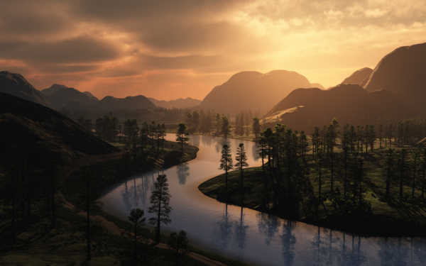 Poster Pemandangan Gunung sunset river stormy mountains WPS