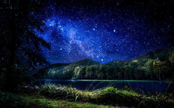 poster gunung Lake Mountain Night Sky Starry Sky Stars Earth Night APC