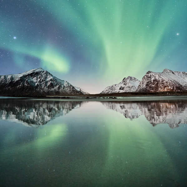 poster gunung northern lights aurora borealis mountains skagsanden beach WPS