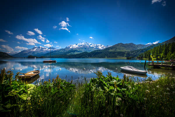 Poster Pemandangan Gunung Switzerland Lake Mountains Boats Scenery Lake Sils 1Z