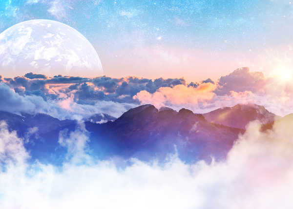 poster pemandangan alam gunung above clouds mountains planet sunny day 4k WPS