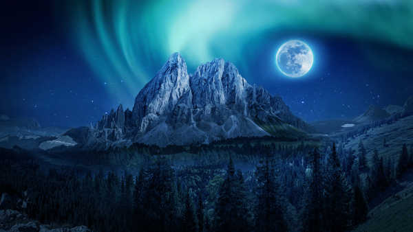 poster gunung Aurora Borealis Full Moon Mountain Night Mountains Mountain7 APC