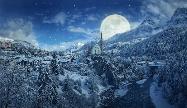 poster pegunungan winter moon mountains pine trees village church 4k WPS