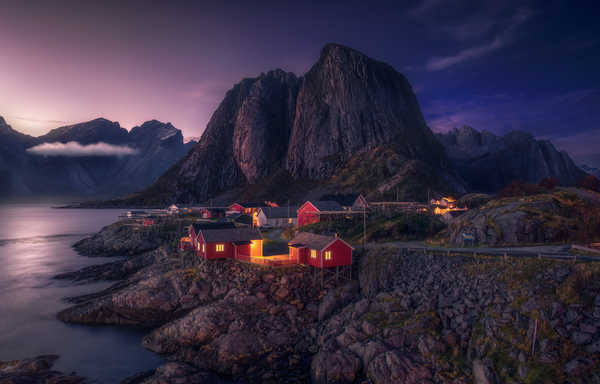 poster pegunungan Norway Lofoten Mountains Evening Houses Coast Bay 1Z