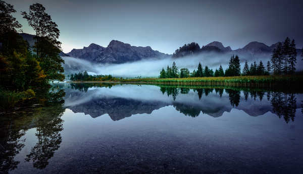 Poster Pemandangan Gunung Austria Mountains Lake Morning Lake Almsee Fog 1Z