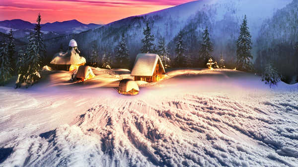 poster gunung Ukraine Mountains Houses 1Z