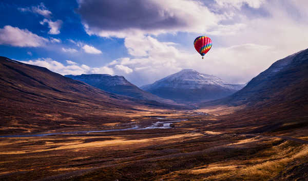 poster gunung mountains hot air balloon landscape seydisfjordur iceland WPS