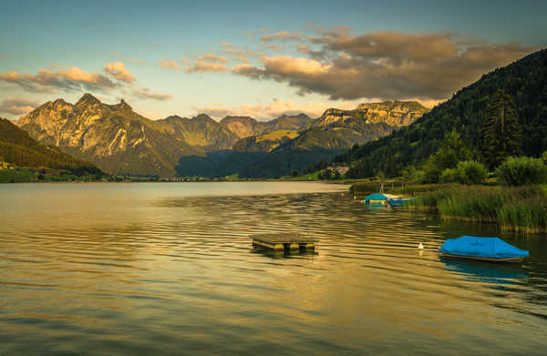 poster gunung Switzerland Mountains Lake Motorboat Sihlsee 1Z