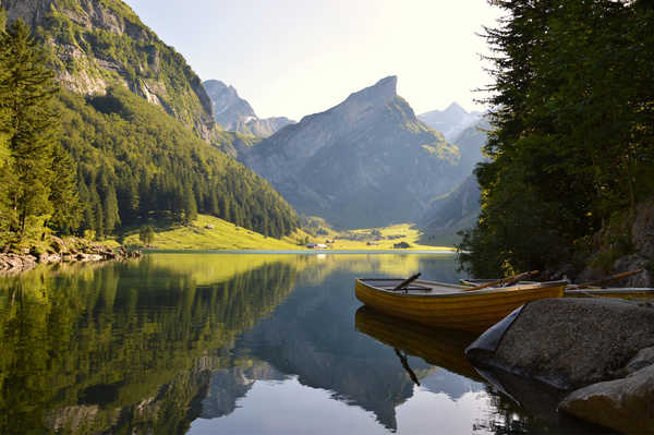 poster gunung Stones Lake Boats Mountains Forests Scenery Crag 1Z