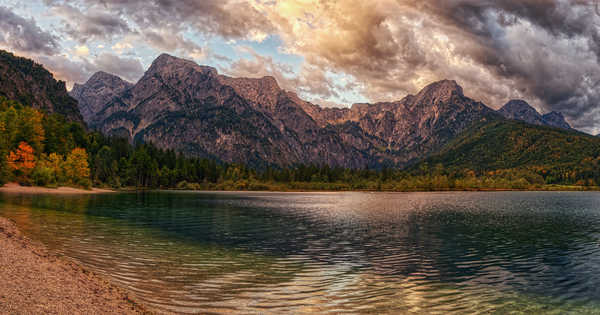 poster gunung Austria Mountains Lake Coast Autumn lake Almsee 1Z