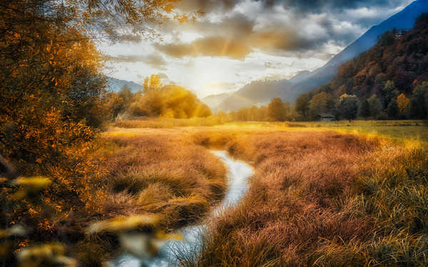 poster gunung Mountains Rivers Fields Autumn Clouds 1Z