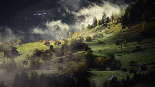 poster pegunungan Mountains Grasslands Alps Fog Village 1Z