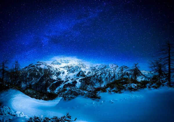 poster pegunungan Winter Sky Stars Mountains Snow Night Trees 1Z