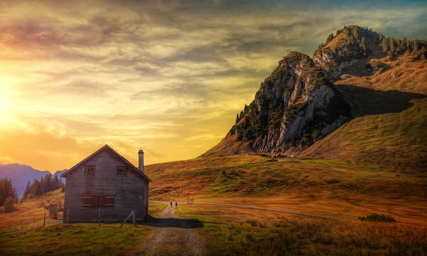 Poster Pemandangan Gunung Mountains Houses Sky 1Z