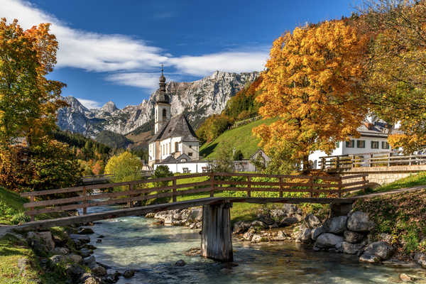 Poster Pemandangan Gunung Rivers Bridges Mountains Autumn Germany Church St. 1Z