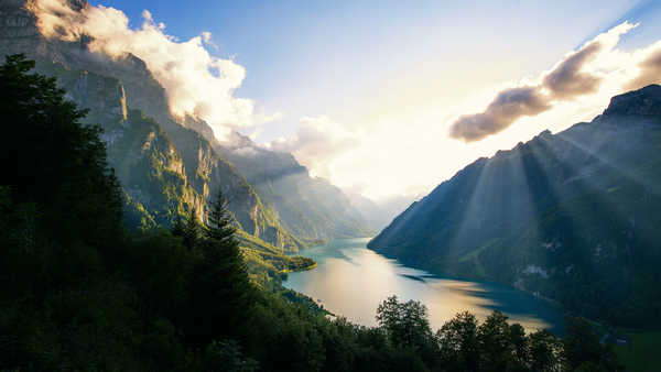 poster pemandangan alam gunung Mountains Lake Switzerland Klontalersee Alps Rays 1Z