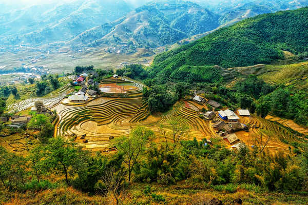 poster gunung Vietnam Mountains Fields Houses From above 1Z