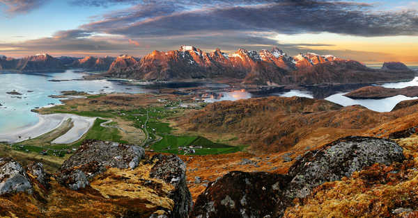 poster gunung Norway Lofoten Scenery Mountains Houses Bay 1Z