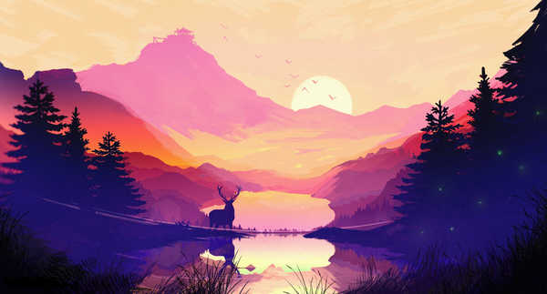 poster pemandangan alam gunung Painting Art Sunrises and sunsets Mountains Deer 1Z