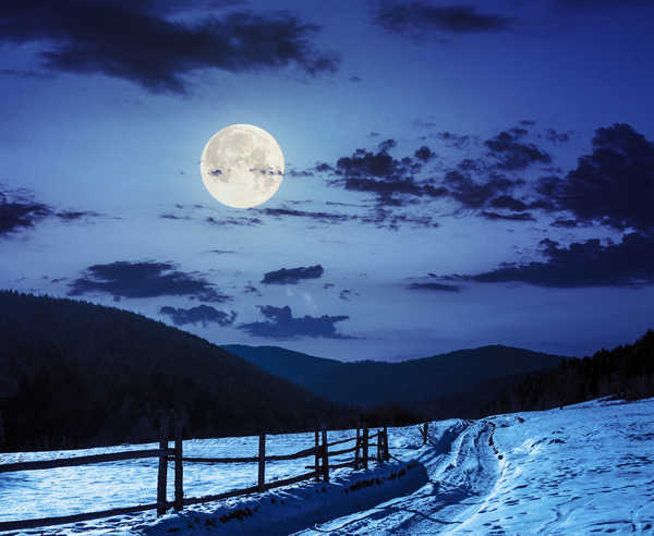 poster pemandangan alam gunung Winter Sky Mountains Snow Night Moon Clouds 1Z