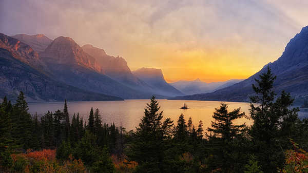 poster gunung USA Parks Mountains Lake Sunrises and sunsets 1Z