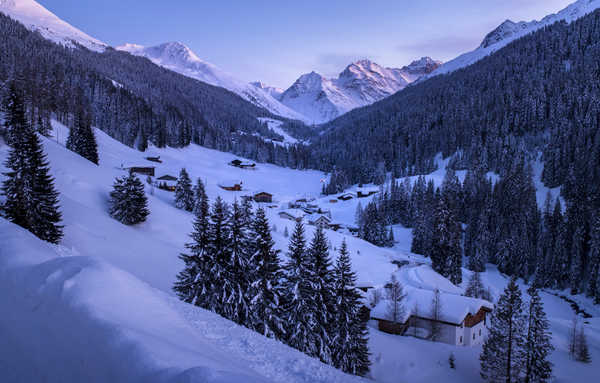 Poster Pemandangan Gunung Winter Mountains Forests Houses Snow Spruce 1Z