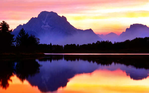 poster pemandangan alam gunung Lake Mountain Purple Reflection Scenic Earth Reflection APC