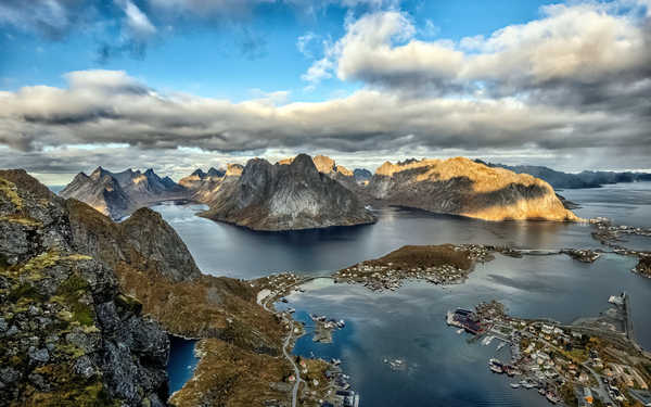 Poster Pemandangan Gunung Norway Lofoten Mountains Sky Clouds From above Bay 1Z