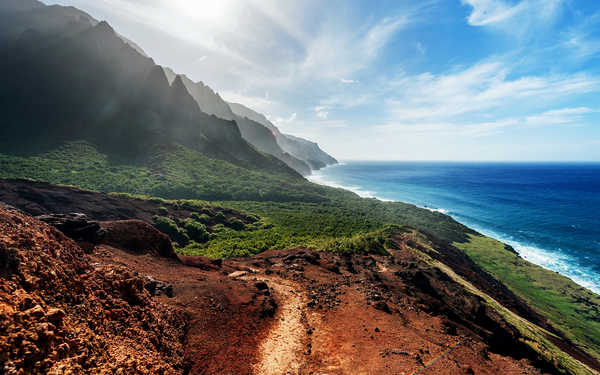 poster gunung sea shore sunny day mountains hd WPS