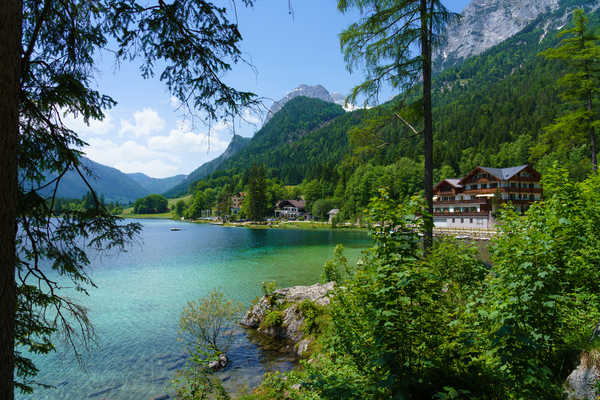 poster gunung Austria Mountains Forests Lake Houses Hintersee 1Z