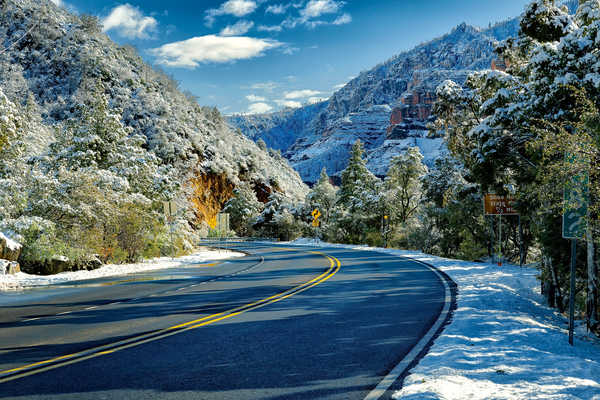 poster gunung USA Mountains Roads Arizona Sedona Crag Trees Snow 1Z