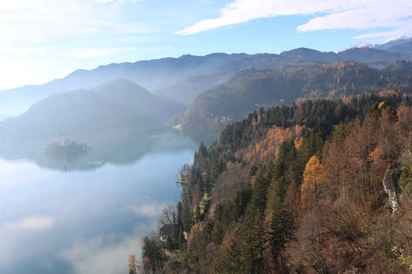 poster pegunungan Slovenia Autumn Forests Mountains Lake Bled Fog 1Z