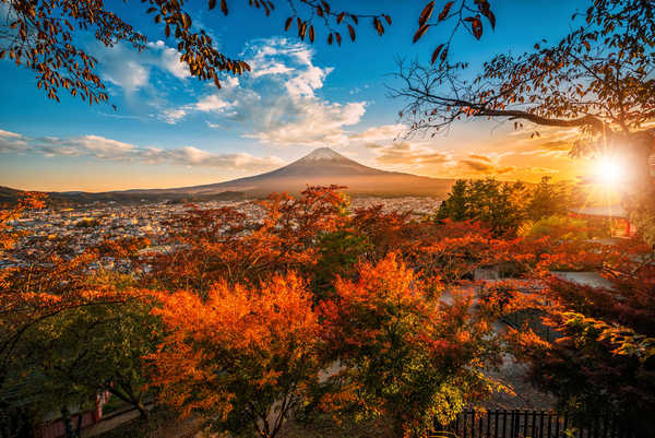 poster pegunungan Autumn Mountains Sky Mount Fuji Japan Trees Clouds 1Z