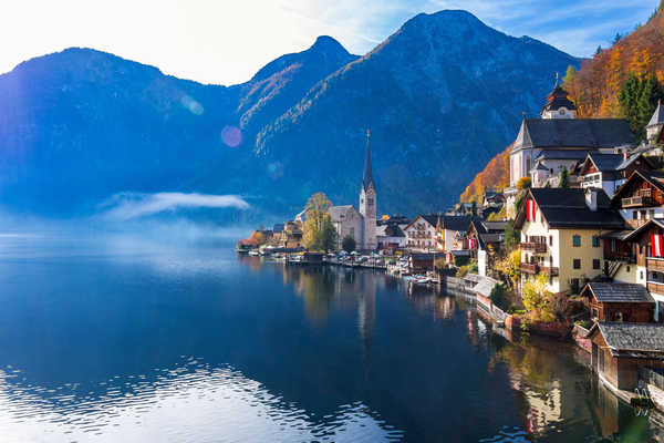 poster pegunungan Mountains Lake Houses Austria Hallstatt Reflection 1Z