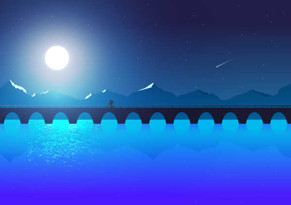 poster pemandangan alam gunung moon silhouette mountains bridge blue stars winter 4k WPS