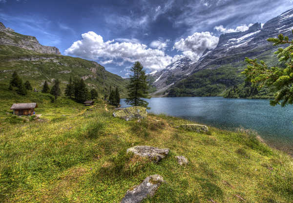 poster gunung Switzerland Mountains Lake Houses Stones Scenery 1Z