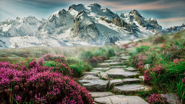 poster pegunungan mountains spring landscape path steps 5k WPS