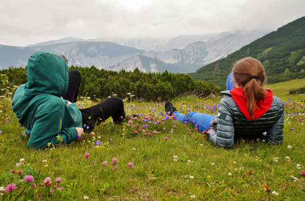 poster pegunungan Mountains Austria Alps Grass Two Redhead girl Rest 1Z