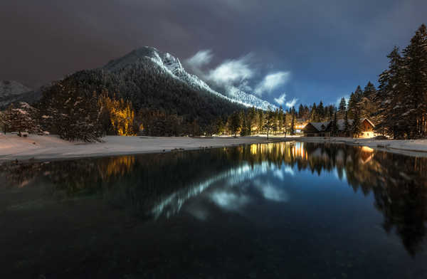 poster pemandangan alam gunung Slovenia Lake Mountains Evening Winter Forests 1Z