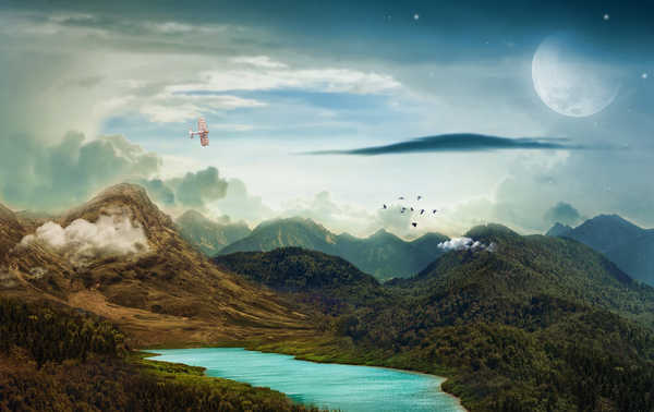 poster pemandangan alam gunung landscape mountains moon lake 4k WPS